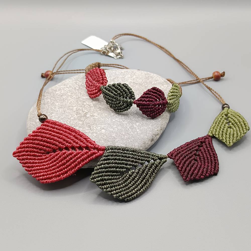 Makramee Schmuckset bestehend aus Kette und Armband Motiv Blätter Bild 1