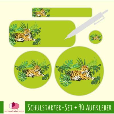 Schulstarter-Set Leopard - grün – 90-teilige wasserfeste Schulaufkleber zum Selbstbeschriften