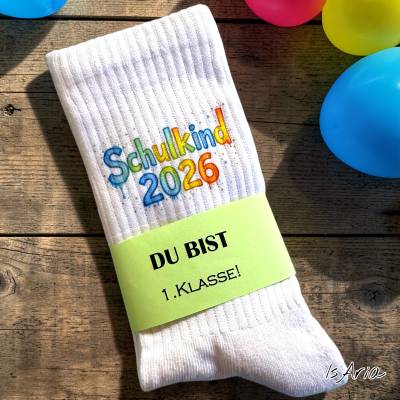 Schulkind 2026 Socken, für Jungs & Mädchen Wasserfarben/ Tennissocken, Personalisierbar, Strümpfe, Geschenk Einschulung