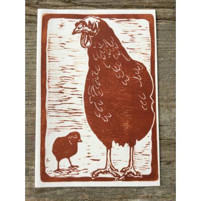 Henne, Küken, Osterkarte, Holzschnitt, Klappkarte, Glückwunschkarte