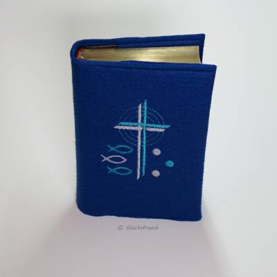 Gotteslob Filzhülle blau bestickt Kreuz Fisch Punkte – passend für Standardgröße 12 x 18 cm