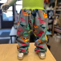 Softshellhose Gr.80 * GRAU mit bunten Dinos * Bündchenfarbe LIME + MARINE * gemütlich weit *