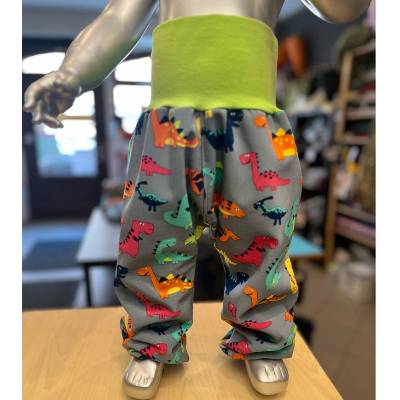 Softshellhose Gr.80 * GRAU mit bunten Dinos * Bündchenfarbe LIME + MARINE * gemütlich weit *