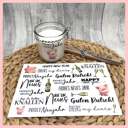 Rub-On I Rubon, RANDLOS, PROST NEUJAHR, A5, bunt/farbig, Rubon, Rub ONs, z.B. f. Raysin / Keraflott, Silvester, Neujahr,