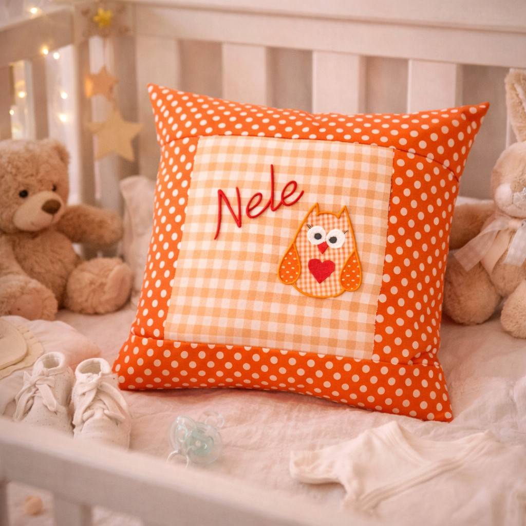 bestickte Kissenhülle EULE + NAME //orange