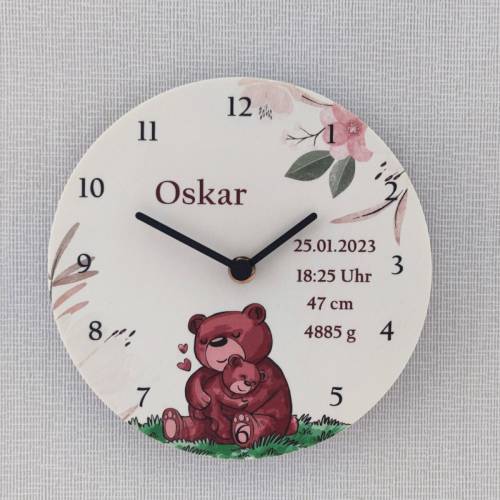 Personalisierte Wanduhr Geburt Holz Kinder Bär Junge Mädchen Kinderzimmer Deko Geburtsdatum Babygeschenk