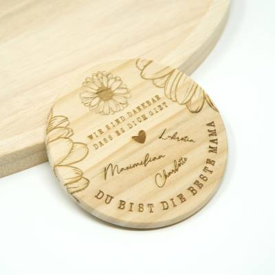 Personalisierter Muttertag Untersetzer Gerbera | Rund, Holz | Wunschnamen | Geschenkidee
