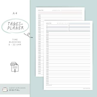Tagesplan Uhrzeiten PDF Vorlage mit Fokus, To Do-Liste & Braindump | Time Blocking Vorlage