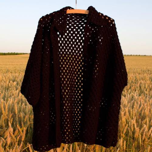 Häkelhemd, Patchwork, Vintage Style, Gehäkelt, Männer Hemd, Sommer, Strand, schwarz
