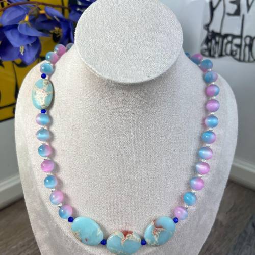 Damen Kette Katzenauge Perle türkis Ø10mm – Handgemachter Edelstein Schmuck mit Edelstahl Karabinerverschluss
