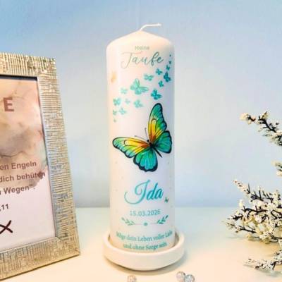 aufkerze Schmetterling Türkis Gold personalisiert 25x8 cm | Name Datum Taufspruch | Kerze Taufe Mädchen | Geschenk Taufe
