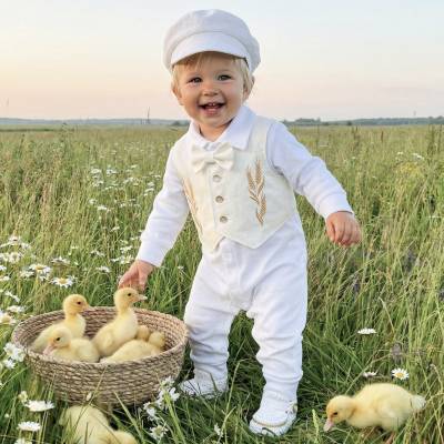 Taufanzug für Jungen mit langen Ärmeln, weißer Taufanzug für Jungen, Taufanzug für Jungen mit Weizen 