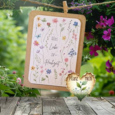 Einpflanzbare Hochzeitskarte aus Samenpapier | nachhaltige Grußkarte zur Hochzeit | Blumen-Geschenk für das Ehepaar
