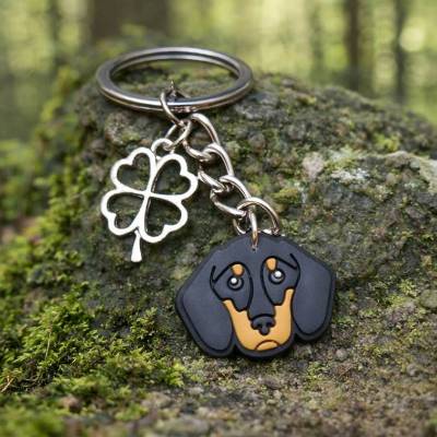 Dachshund Dackel Schlüsselanhänger personalisiert – Glücksbringer aus Gummi mit Kleeblatt & Wunschbuchstabe