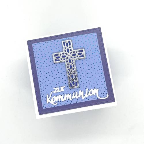 Personalisierte Explosionsbox zur Kommunion, Konfirmation, Taufe oder Geburt – Handgemachtes Geschenk mit Bibel-Schachtel (blau/weiß)