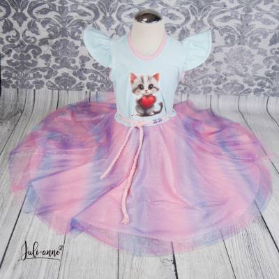 Tüll Drehkleid - Kleid mit Drehrock und Glitzer Tüll Mint Katze #Einschulung
