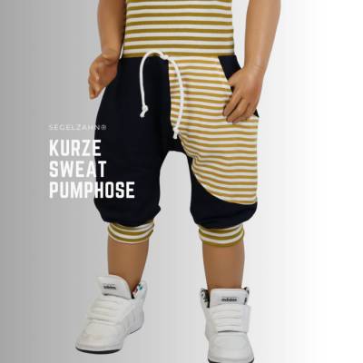 kurze Hose Kinder, Sweat Pumphose Blau Senf geringelt, Sommerhose Unisex Sweat Shorts, Segelzahn Sommer Kleidung Hosen 
