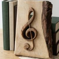 Holzdeko 3D Violinschlüssel Eiche massiv - Handgemachtes Holz Unikat mit Baumkante als Wanddeko, Geschenk für Musiker