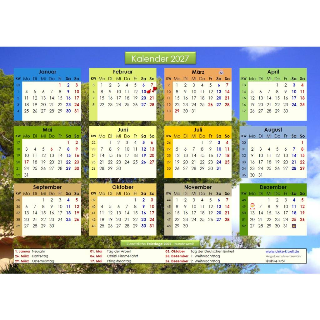 Jahreskalender 2027 auf einen Blick – Pinienwälder -  PDF – DIN A4 zum Ausdrucken Bild 1