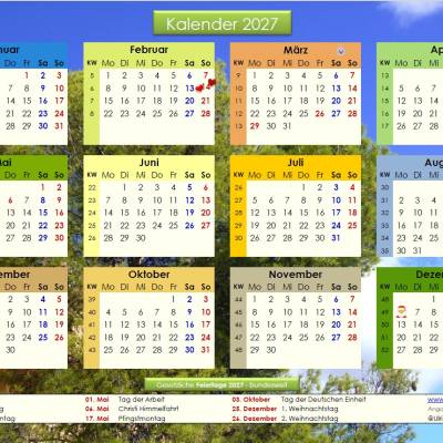 Jahreskalender 2027 auf einen Blick – Pinienwälder -  PDF – DIN A4 zum Ausdrucken