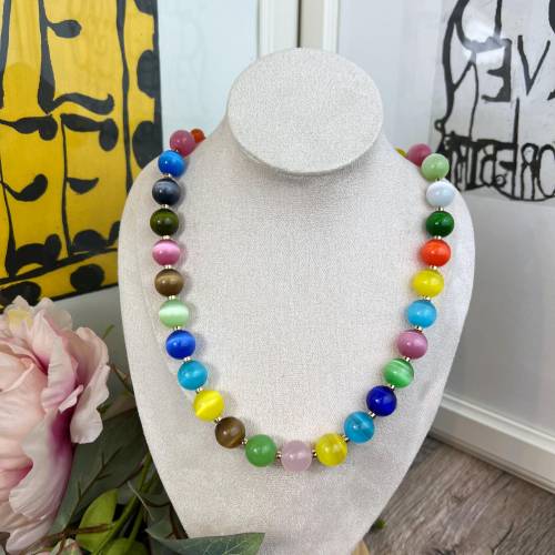 Handgefertigte Katzenauge Halskette Damen – Regenbogen Perlen Ø14mm, Collier 51cm, S-Haken, Geschenkidee