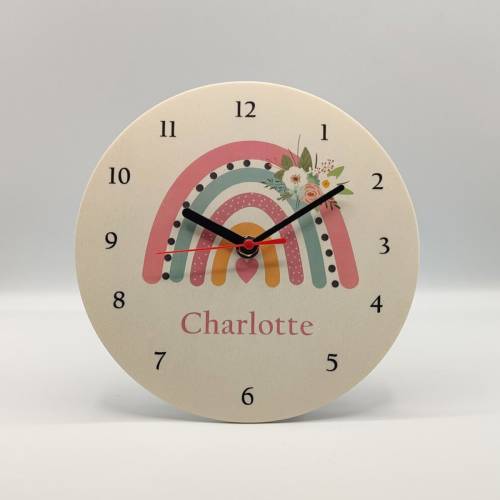 Personalisierte Holzuhr Regenbogen Kinderuhr Mädchen Kinderzimmer Wanduhr Deko ohne Ticken