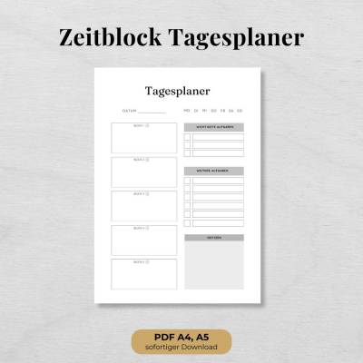 Zeitblock Tagesplaner PDF Schwarz Weiß – Minimalistisch & Fokussiert A4/A5