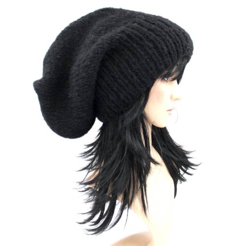 Strickmütze,Wintermütze,Alpaka,Seide! Chunky Hat,Long Beanie,Beanie,Slouch,schwarz,Unisex!