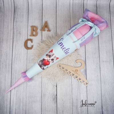 Schultüte Stoff Mint mit Glitzer Tüll und Katze 70cm 85cm   *personalisierbar und mit Kissen