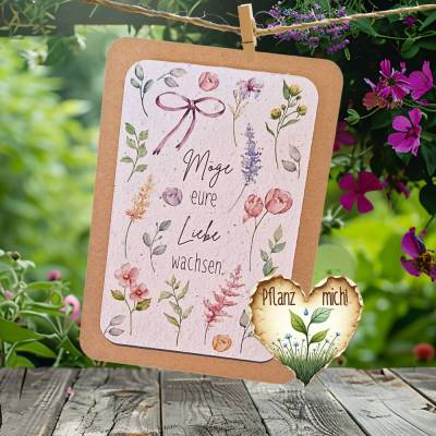 Einpflanzbare Hochzeitskarte aus Samenpapier | nachhaltige Grußkarte zur Hochzeit | Blumen-Geschenk für das Ehepaar