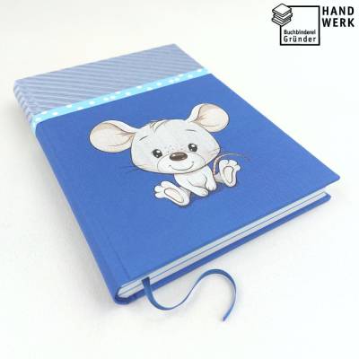 Notizbuch, Maus, blau, Pünktchen, A5, 280 Seiten, Hardcover, handgefertigt, füllertauglich