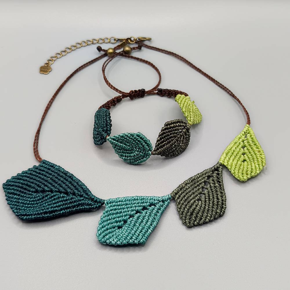 Makramee Schmuckset bestehend aus Kette und Armband im Blätterdesign in petrol, türkis, olive, grün Bild 3