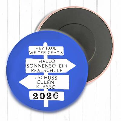 Personalisierter Magnet Tschüss Grundschule 2026 | Wegweiser Motiv | 8 Farben | 38/59mm | Wunschtext