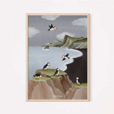 Island Poster Puffin Reise Kunstdruck Skandinavien - Schwarzer Strand Vik Papageientaucher Felsen Reiseposter - Wanddeko