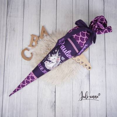 Schultüte Stoff Lila Schuppen mit Einhorn Ergobag Perlentauchbär 70cm 85cm   *personalisierbar und mit Kissen