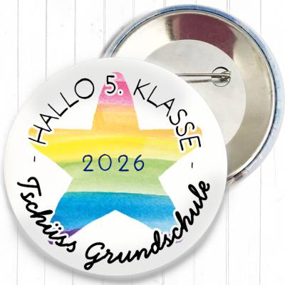 Button „Tschüss Grundschule 2026 – Hallo 5. Klasse“ | Regenbogen-Stern | 38mm & 59mm