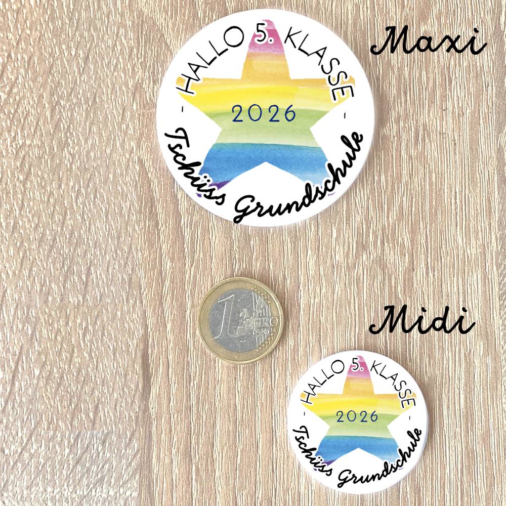 Button „Tschüss Grundschule 2026 – Hallo 5. Klasse“ | Regenbogen-Stern | 38mm & 59mm Bild 4