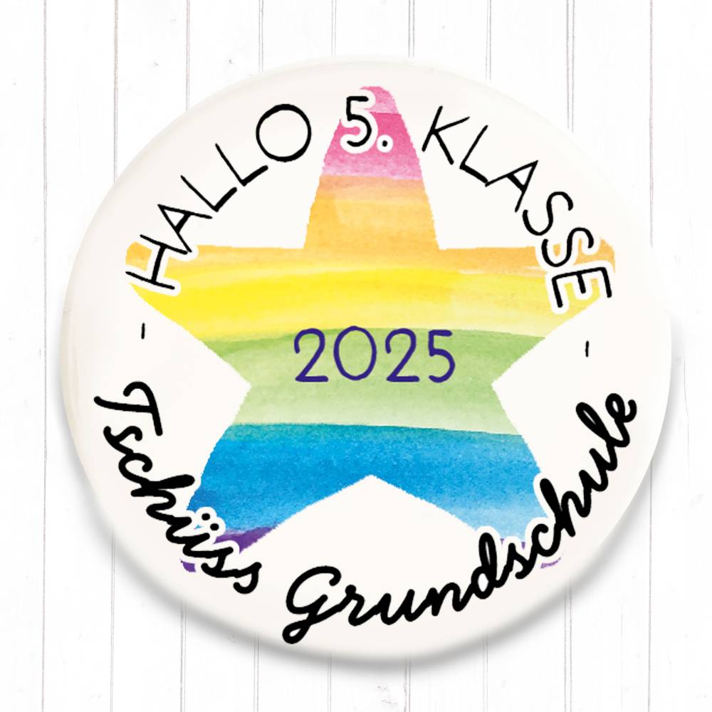 Button „Tschüss Grundschule 2026 – Hallo 5. Klasse“ | Regenbogen-Stern | 38mm & 59mm Bild 9