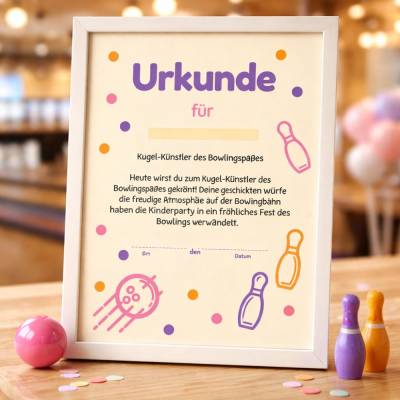 Bowling Urkunde Kinder Kindergeburtstag Bowling Auszeichnung | Urkunden Set für Party, Schule & Kita