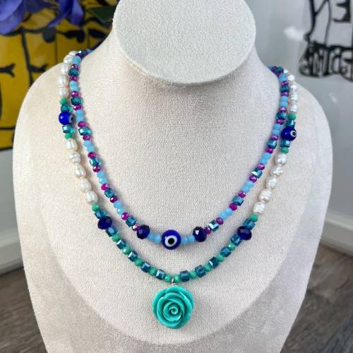 Damen Katzenauge Perlen Halskette – Türkisches Auge, Herz Anhänger, Doppelte Kette, Geschenk, Statement Schmuck