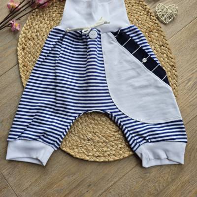 Handgemachte Sommer Pumphose Short Unisex 98/104 aus Bio-Jersey Maritim – Einzigartiges Einzelstück