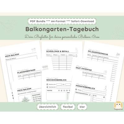 Balkongarten-Tagebuch PDF A4: Wochenübersicht, Monatsübersicht, Pflanzen-Planer