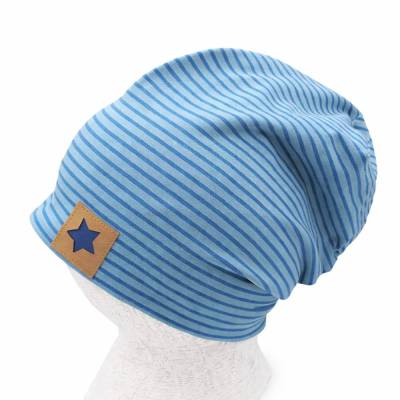 Beanie Mütze jeansblau gestreift für Kinder und Erwachsene mit Sternpatch, Babymütze,Slouch Beanie unisex