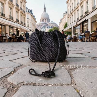 Raffia, Tasche, klein, schwarz, Crossbody, Beuteltasche, gehäkelt, Pouch, Umhängetasche