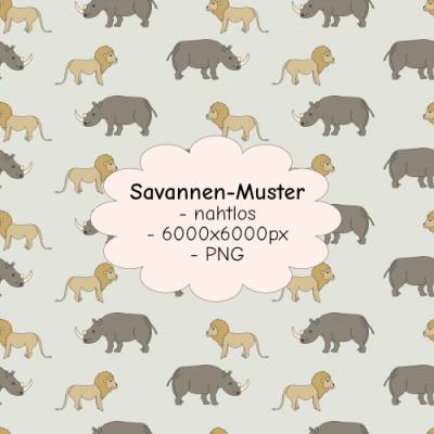 Nahtloses Savannen-Tiermuster PNG – Löwen & Nashörner, 6000x6000 Pixel