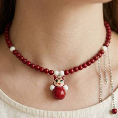 Rote Stehaufmännchen Halskette–Nostalgie Anhänger–Wahlweise Perlenkette oder Metallkette–Retro Schmuck