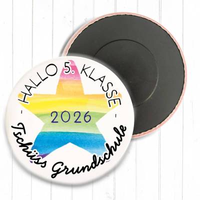 Magnet „Tschüss Grundschule 2026“ Regenbogen-Stern | 1er bis 20er Set mit Rabatt | 38 & 59mm |