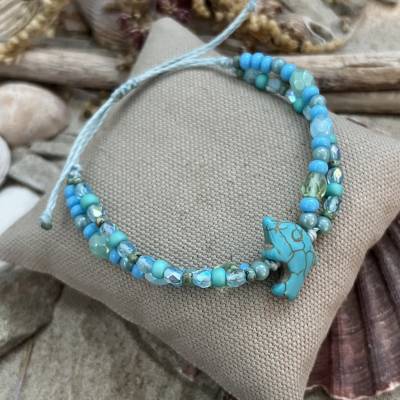 „Delfin“ türkis - Zweireihiges Armband mit Delfin-Verbinder, Glasschliffperlen und Rocailles
