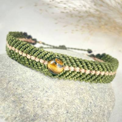Makramee Armband mit Tigerauge – Handgeknüpftes Naturstein Armband in Beige oder Grün, größenverstellbar