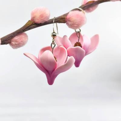 Magnolien Ohrringe Polymer Clay Sterlingsilber Rosa Blumen 3 cm Zarte Leichte Ohrringe